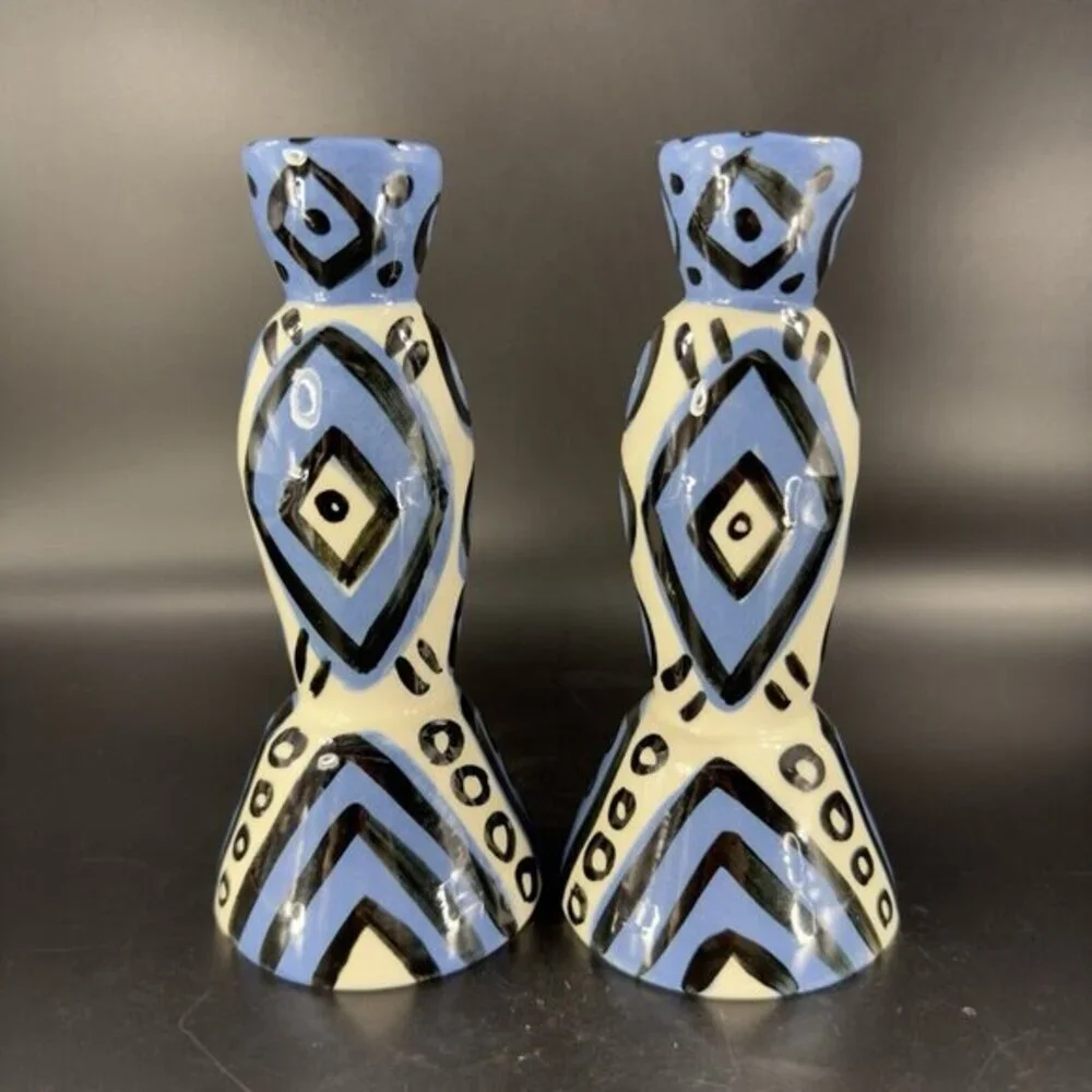 Hand Painted Vintage Pottery Candle Stick Holder Set 2 Signed YCHUK Abstract‎ 2